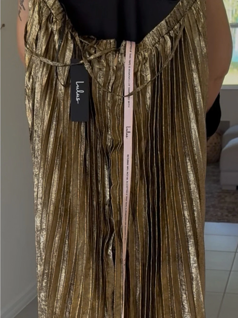 LuLus Metallic Gold Pleated Maxi Dress with Spaghetti Straps - Picture 3 of 3
